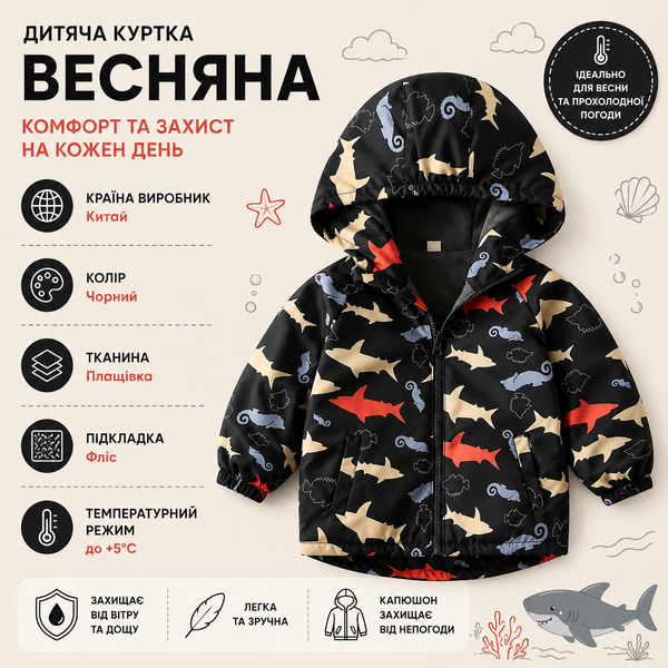 Вітровка дитяча на флісі з принтами kunkka 120см Чорний (11632) фото