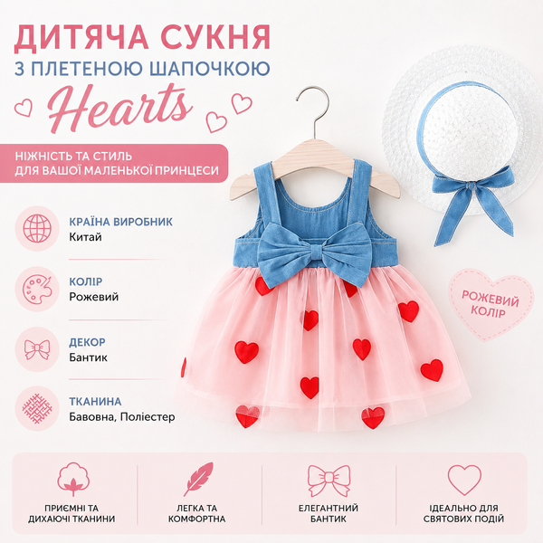 Платье детское с плетеной шляпкой Hearts (Розовый 80 см, 12-18 месяцев) фото