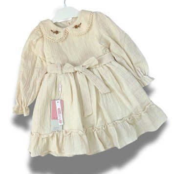 Муслінова сукня для дівчинки з довгим рукавом і вишитим комірцем, прикрашена поясом на талії, Кремовий, 104 см фото