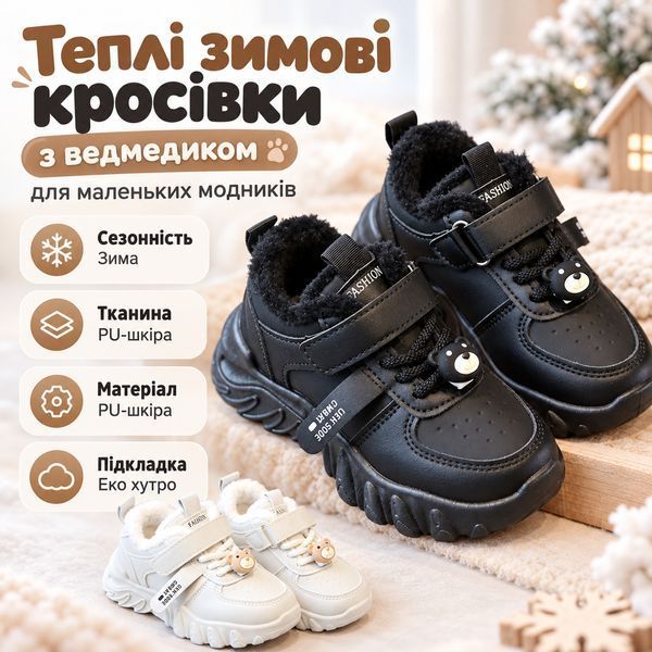 Теплые зимние кроссовки с мишкой для маленьких модников (Черный 23 15см) фото