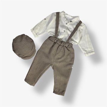 Дитячий комплект джентльмен, сорочка, штани з підтяжками та шапочка (коричневий 92 см) фото