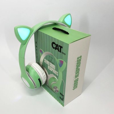 Навушники накладні бездротові ST37M зі котячими вушками, що світяться. Колір: зелений фото
