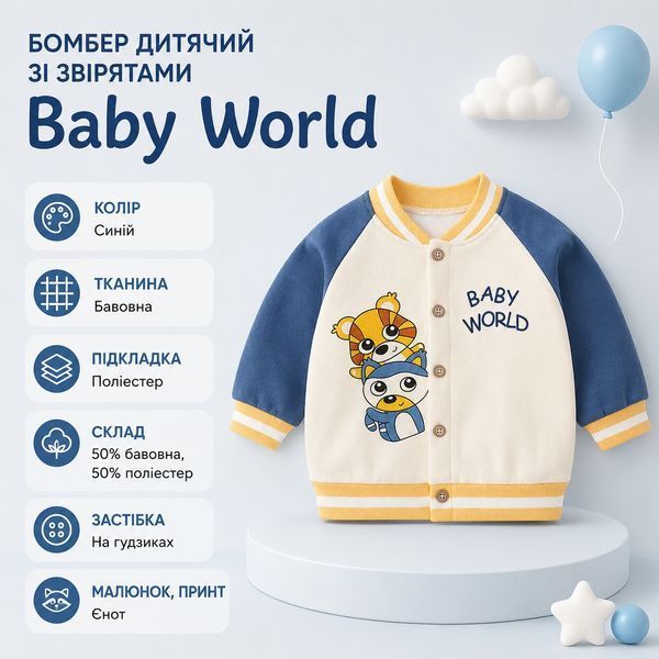 Бомбер дитячий зі звірятами Baby World, 110см, Синій фото