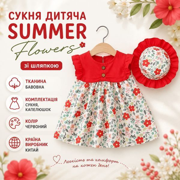 Сукня дитяча зі шляпкою Summer Flowers, 110см, Червоний фото