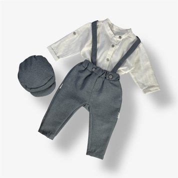 Дитячий комплект джентльмен, сорочка, штани з підтяжками та шапочка (сірий 92 см) фото