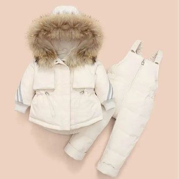 Дитячий зимовий пуховий комплект Kava Feather, 110 см (4 роки), молочний, з хутром єнота фото