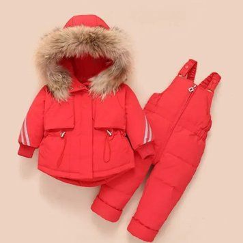 Дитячий зимовий пуховий комплект Kava Feather, 110 см (4 роки), червоний, з хутром єнота фото