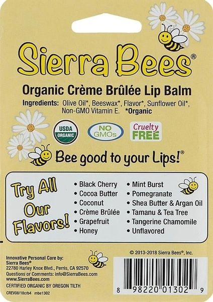 Набір органічних бальзамів для губ "Крем-брюле" Creme Brulee Sierra Bees Organic Lip Balms 4 в упаковці, 4,25 г кожний фото