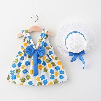 Сукня дитяча з бантиком і капелюшком Flowers (Синій 90см) фото