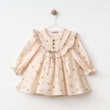 Дитяча сукня з рюшами та ягідним принтом, довгий рукав Wondress Baby (Кремовий 80 см) фото
