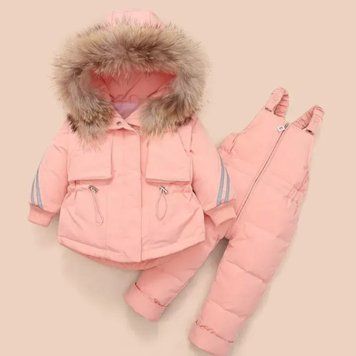 Дитячий зимовий пуховий комплект Kava Feather, 110 см (4 роки), рожевий, з хутром єнота фото