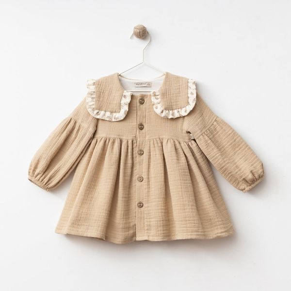 Дитяча святкова сукня з квадратним коміром, довгими рукавами, Wondress Baby, Бежевий, 80 см фото