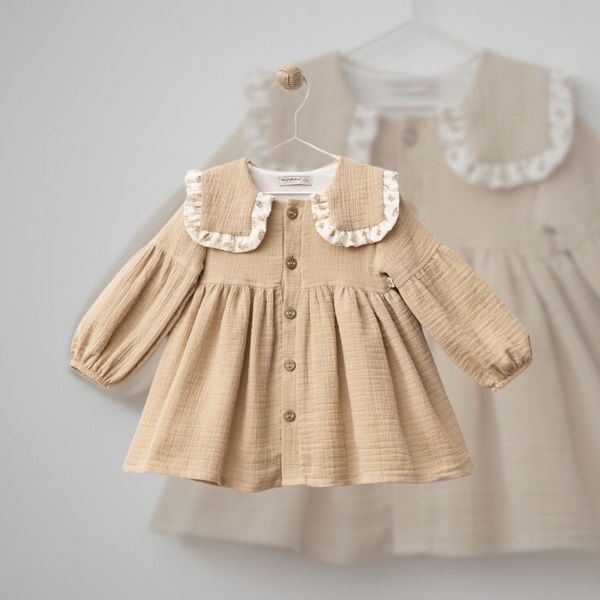 Дитяча святкова сукня з квадратним коміром, довгими рукавами, Wondress Baby, Бежевий, 80 см фото