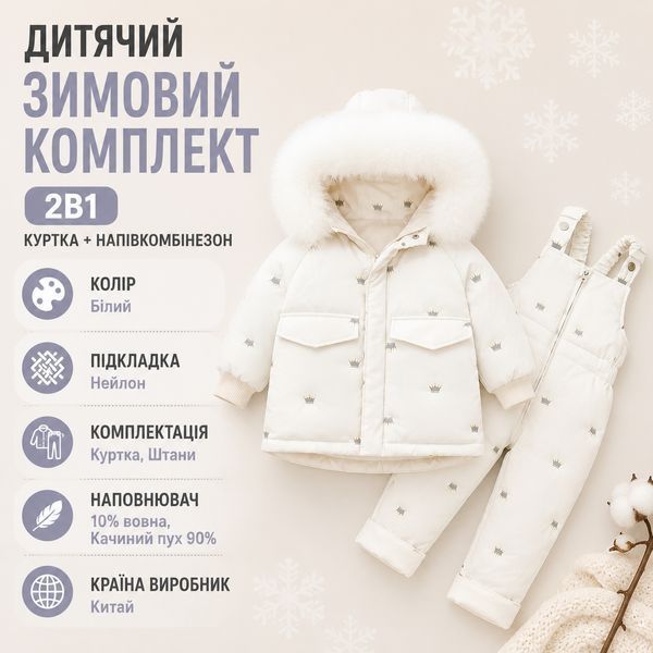 Дитячий зимовий комплект з коронами 2в1, куртка + напівкомбінезон, 80 см, Білий фото