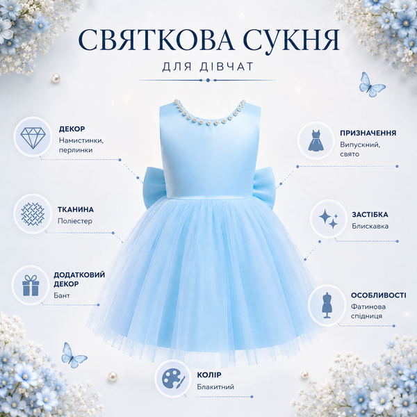 Платье детское с большим бантом и фатиновой юбкой (Голубой 140 см) фото