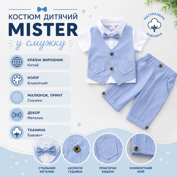 Костюм дитячий Mister у смужку, 90см, Блакитний фото
