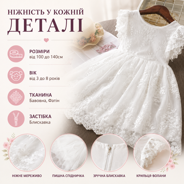 Платье детское с вышивкой и бантом на спине, Белый, 130 см фото