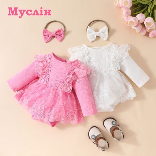 Бодик-платье для девочки с кружевом и длинным рукавом + повязочка на голову с бантиком фото