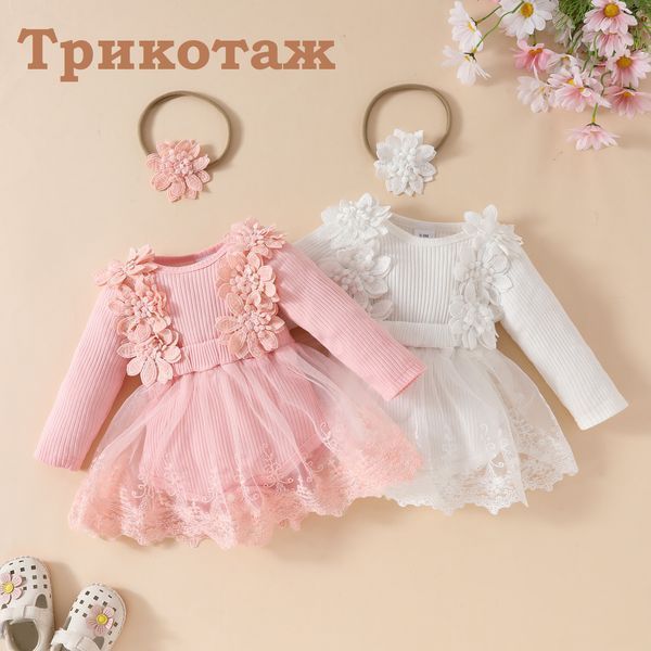 Бодик-платье для девочки с кружевом и длинным рукавом + повязочка на голову с бантиком фото