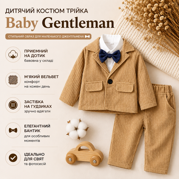 Костюм детский тройка вельветовый Baby Gentleman, 120см, Светло-коричневый фото