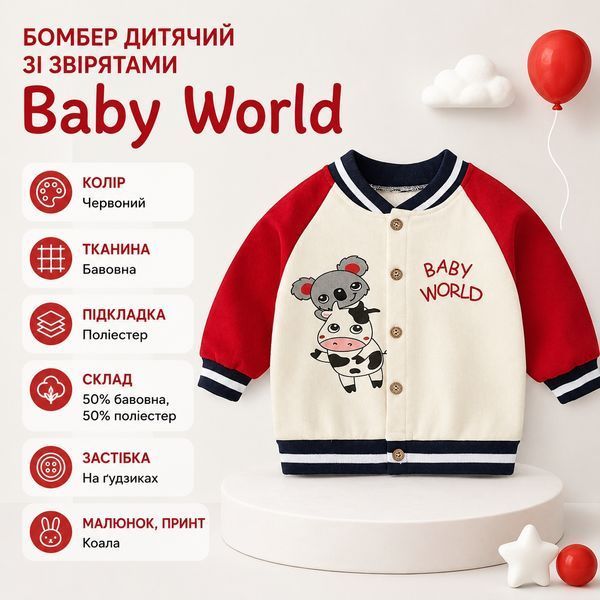 Бомбер дитячий зі звірятами Baby World, 80см, Червоний фото