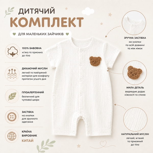 Боди детский муслиновый Ромпер для малышей Bear, Белый, 90 см фото