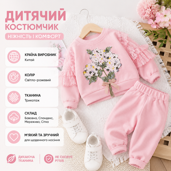 Костюм-двойка для девочки с цветочной вышивкой и рюшами на рукавах фото