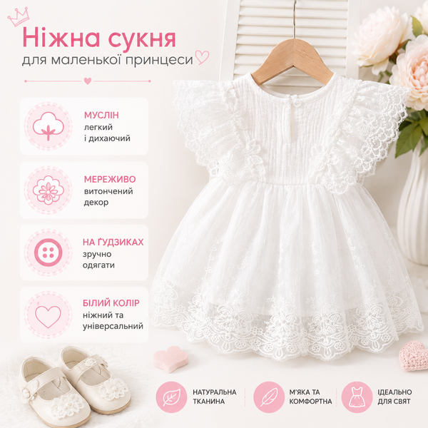 Кружевное платье без рукавов для девочки + повязка на голову с бантиком, Белый, 62 см фото