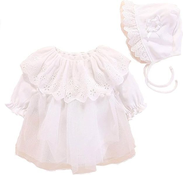 Боді-сукня мереживна з довгим рукавом і шапочкою в комплекті, Білий, 59 см, 3 місяці фото