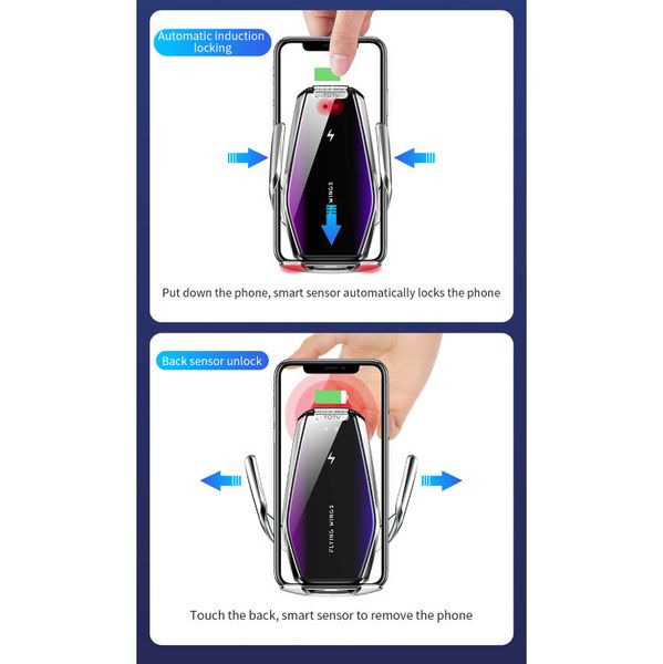 Автомобільний тримач для телефону з бездротовим швидким заряджання flying wings. Колір: срібний фото
