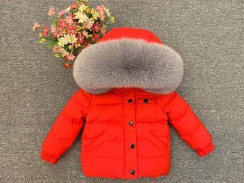Пуховик зимовий зі сірим хутром (Червона 100см) фото