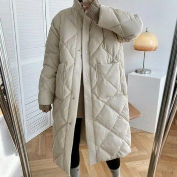 Жіноче пальто тепле однотонне стегане L Молочний (а1908) фото