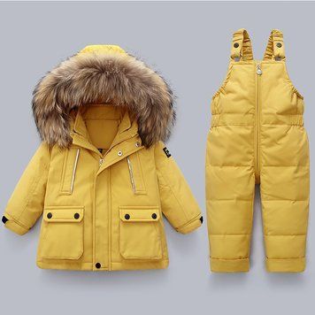Дитячий зимовий комплект, тепла куртка з хутряним капюшоном і утеплений напівкомбінезон Baby Fashion (Жовтий 80см) фото