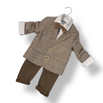 Дитячий святковий костюм джентльмен з метеликом Murat Baby - комплект для хлопчика (піджак, сорочка, штани, метелик), Світло бежевий, 12м, 80см фото