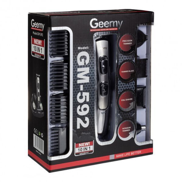 Машинка для стрижки 10в1 GEMEI GM-592, тример для бороди, триммер бездротової. Колір: чорний фото