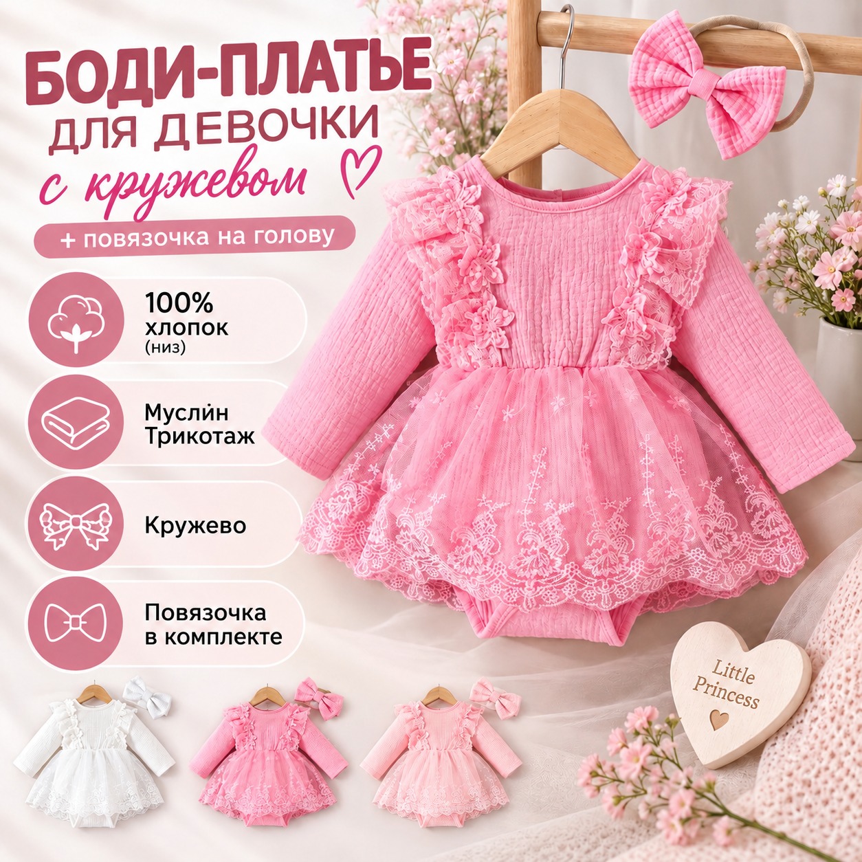 Инфографика Бодик-платье для девочки с кружевом и длинным рукавом + повязочка на голову с бантиком