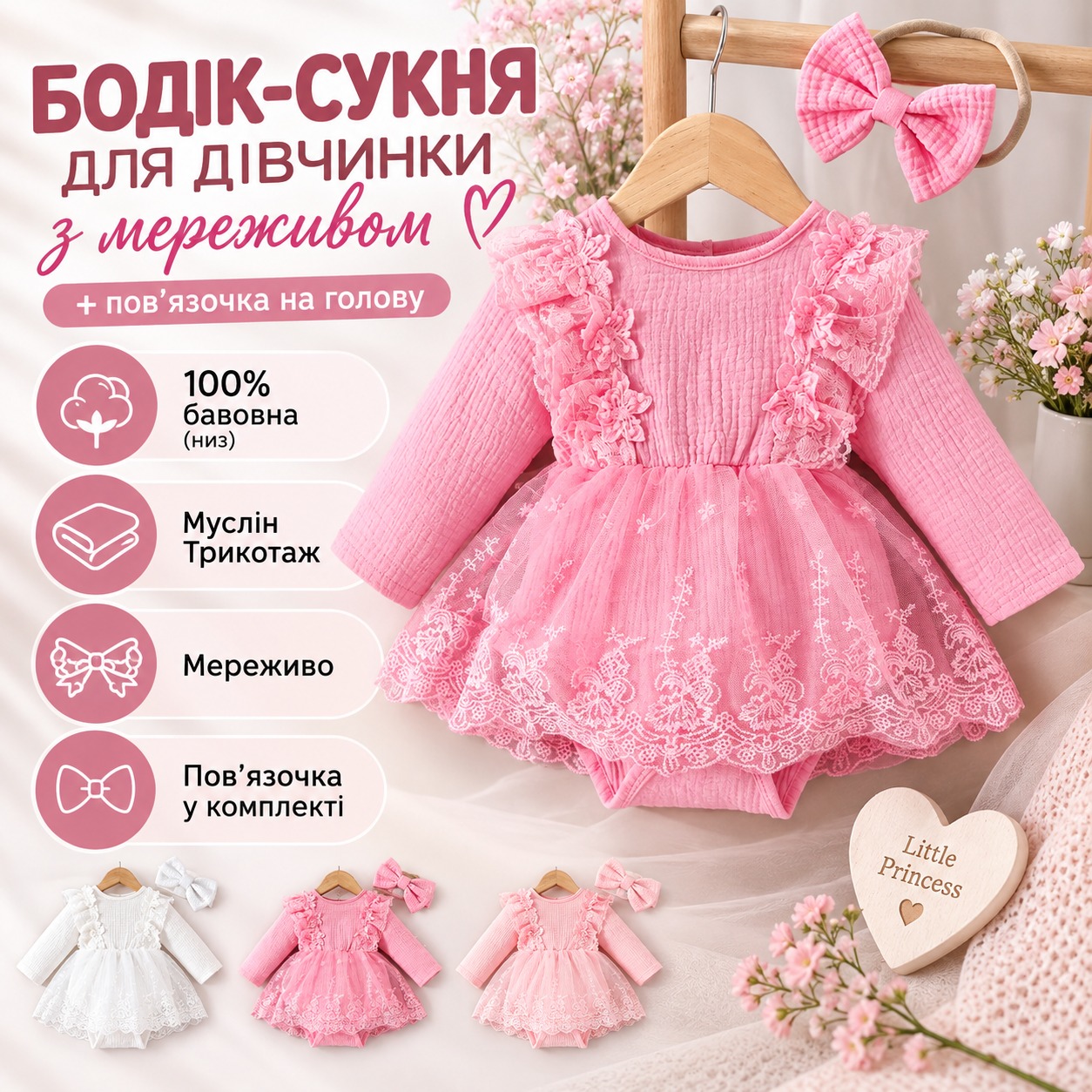 Інфографіка Бодік-сукня для дівчинки з мереживом і довгим рукавом + пов'язочка на голову з бантиком