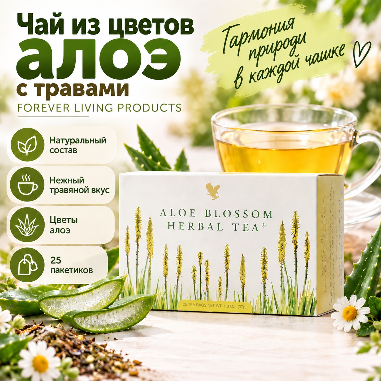 Инфографика Чай из цветов алоэ с травами Forever Living Products