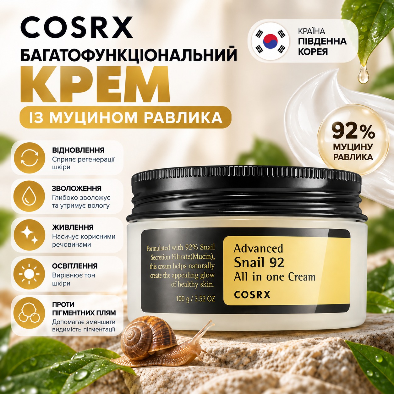Інфографіка Cosrx - Багатофункціональний крем із муцином равлика - Advanced Snail 92 All in One Cream