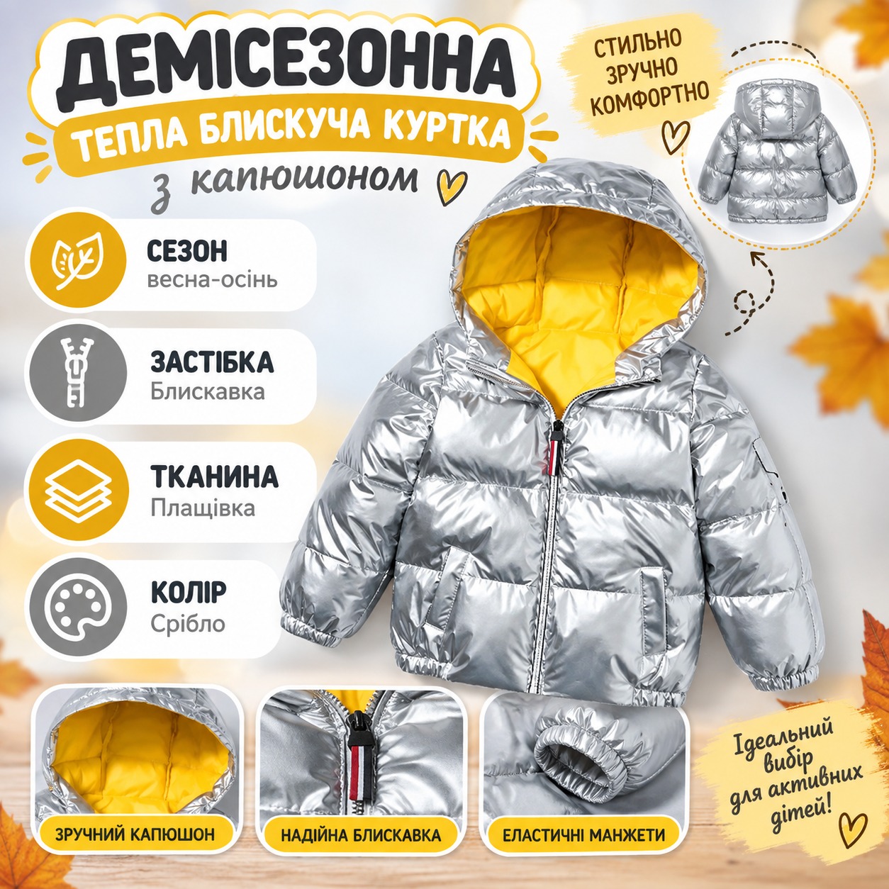 Інфографіка Демісезонна тепла блискуча куртка з капюшоном, модна куртка весна-осінь на блискавці