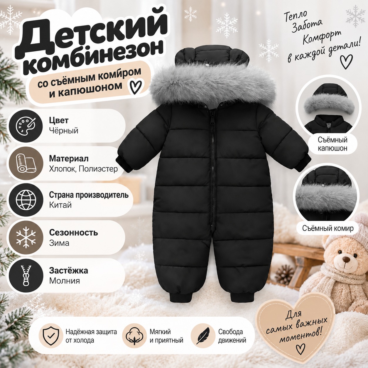 Инфографика Детский комбинезон со съемным воротником и капюшоном, черный