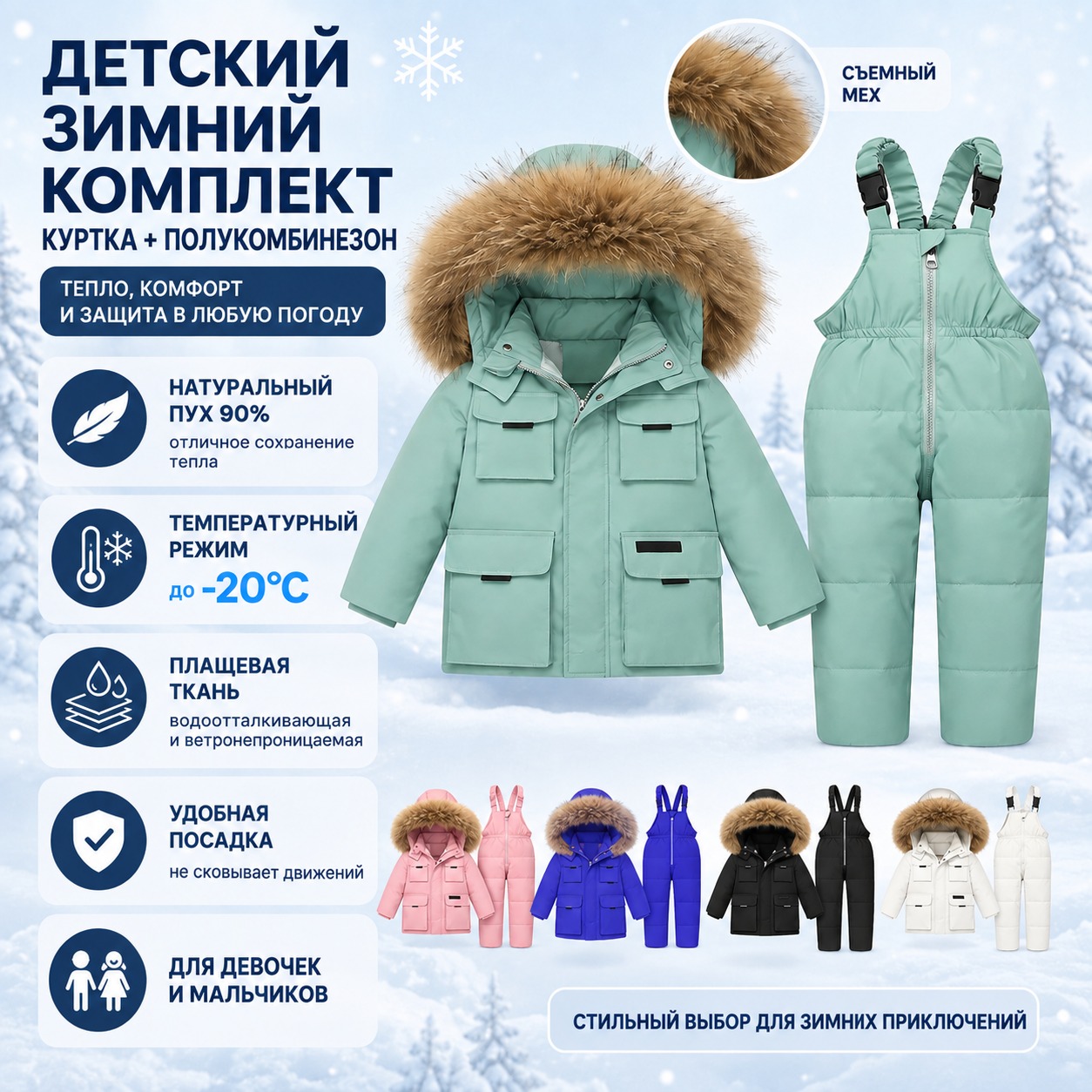 Инфографика Детский зимний комплект верхней одежды, куртка + полукомбинезон