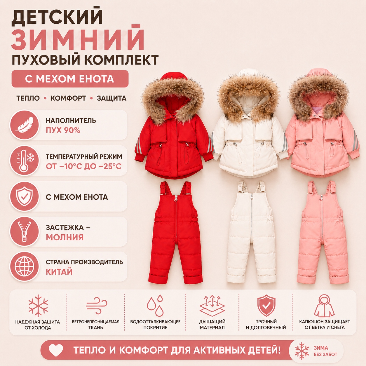 Инфографика Детский зимний пуховый комплект с мехом енота Kava Feather