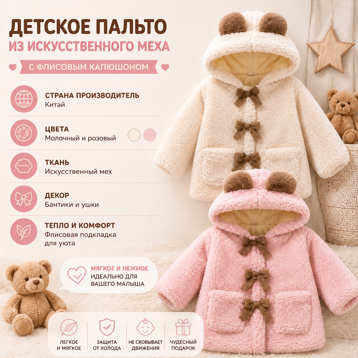 Инфографика Детское пальто из искусственного меха с флисовым капюшоном