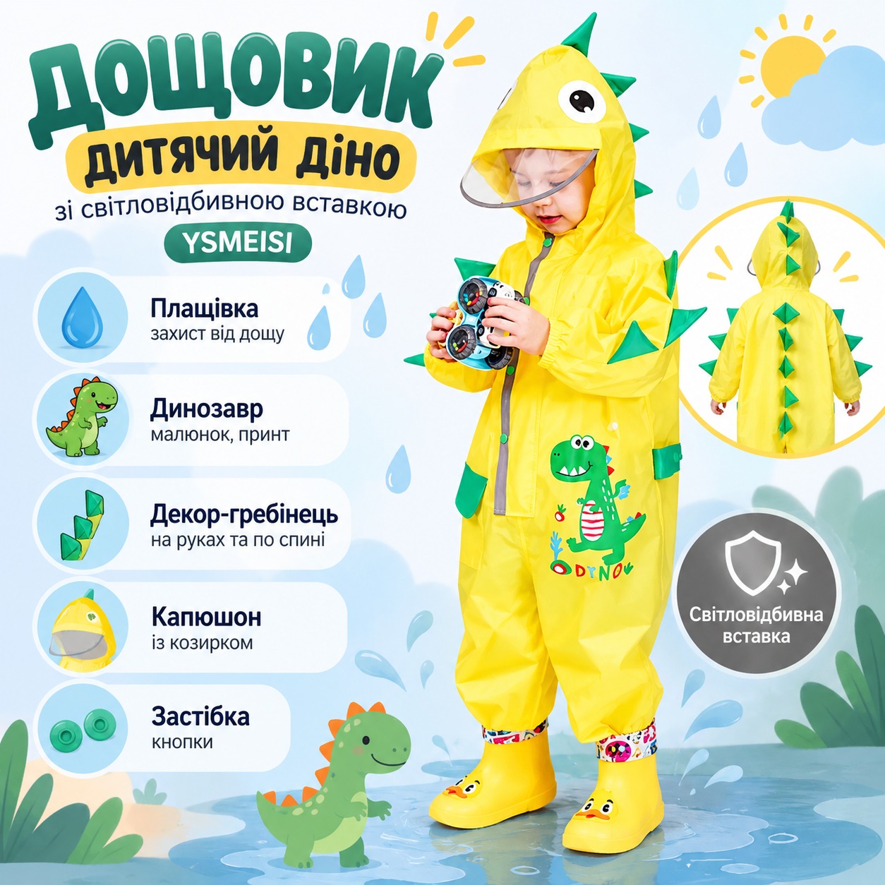 Інфографіка Дощовик дитячий діно зі світловідбивною вставкою YSMEISI