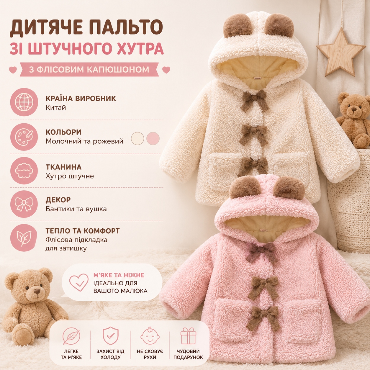Інфографіка Дитяче пальто зі штучного хутра з флісовим капюшоном