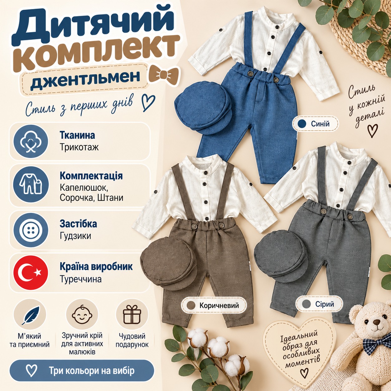 Інфографіка Дитячий комплект джентльмен, сорочка, штани з підтяжками та шапочка