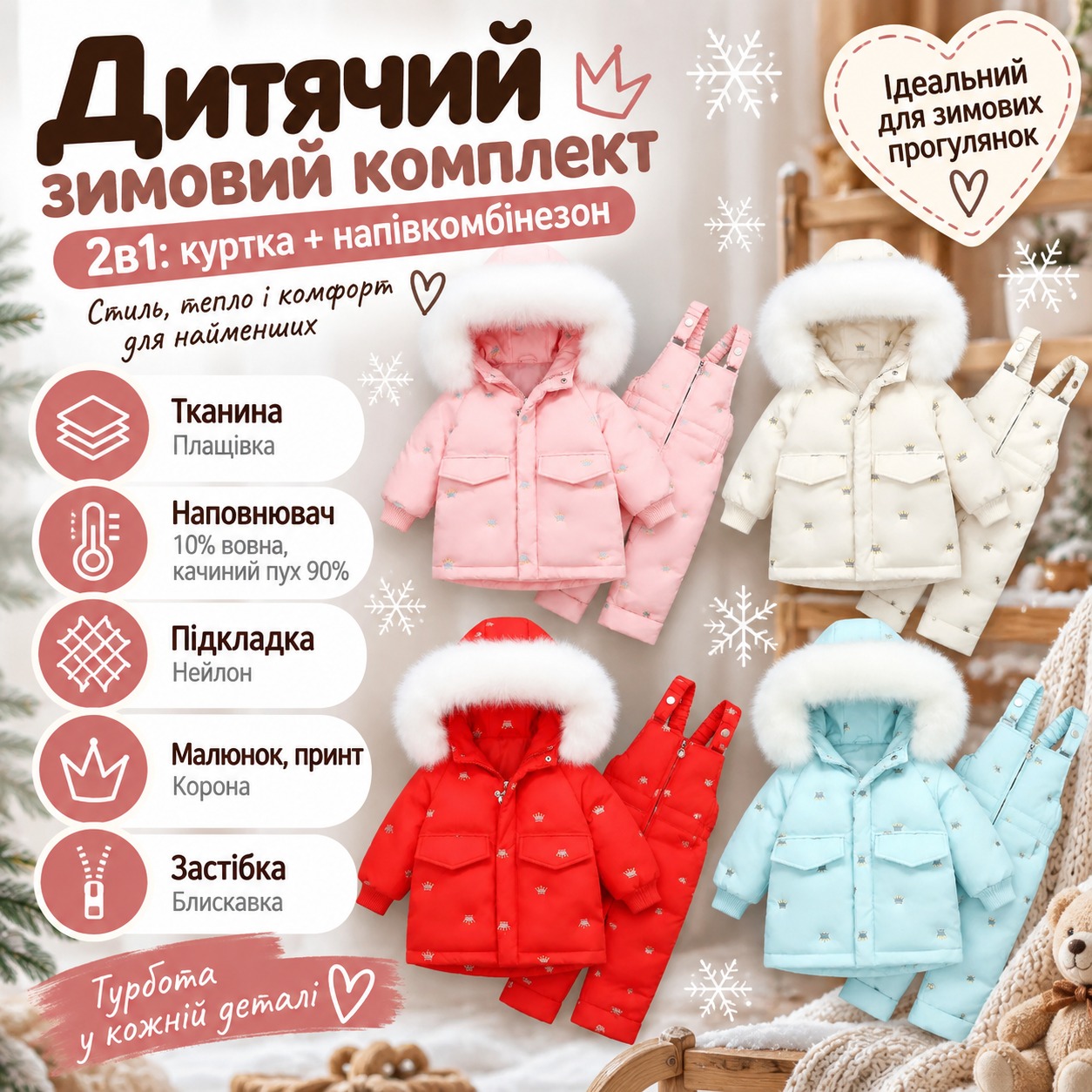 Інфографіка Дитячий зимовий комплект з коронами 2в1, куртка + напівкомбінезон