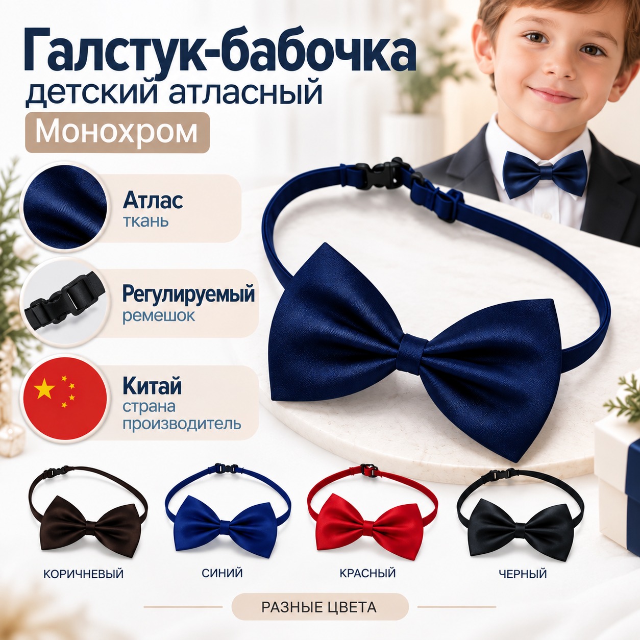 Инфографика Галстук-бабочка детская атласная Монохром