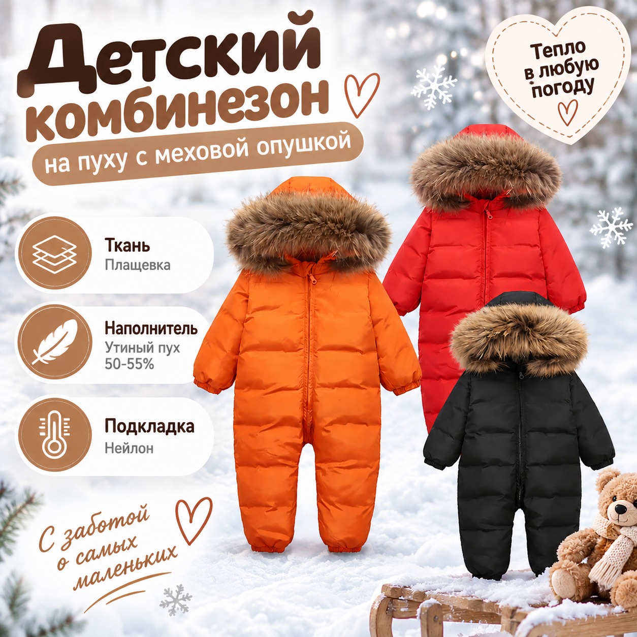 Инфографика Комбинезон детский на пуху с меховой отделкой